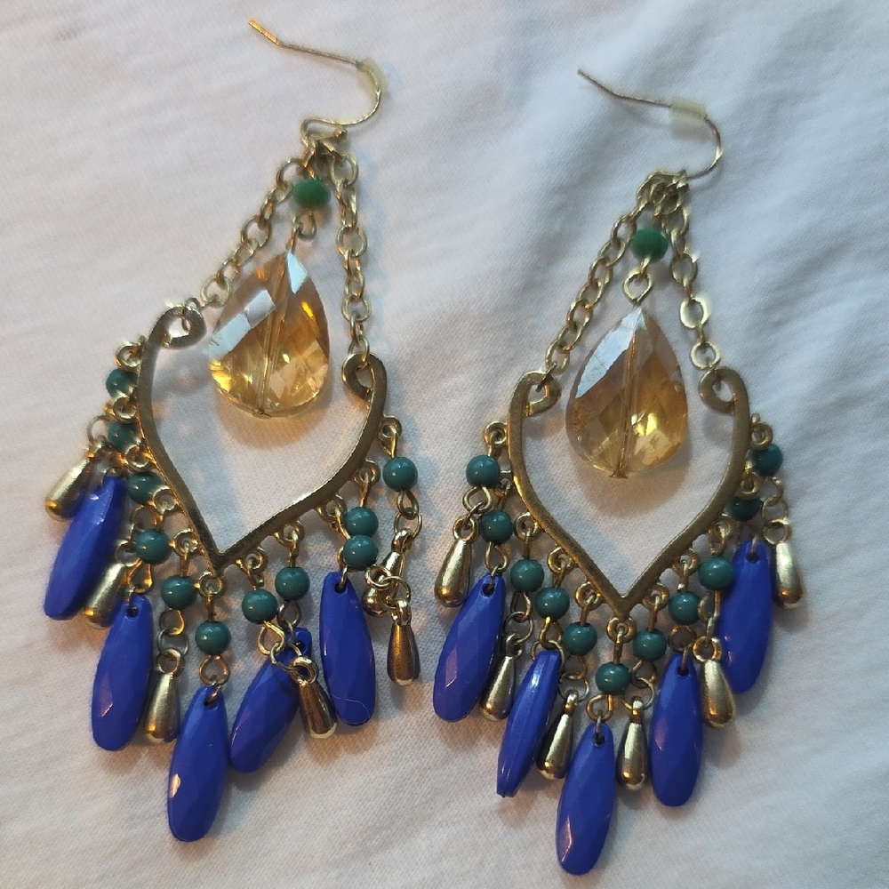 Gold and Blue Dangle Earrings